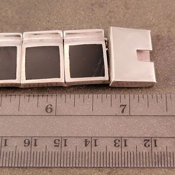 Vintage Taxco Heavy Squares Onyx Sterling Silver Statement Link Bracelet - Picture 8 of 10